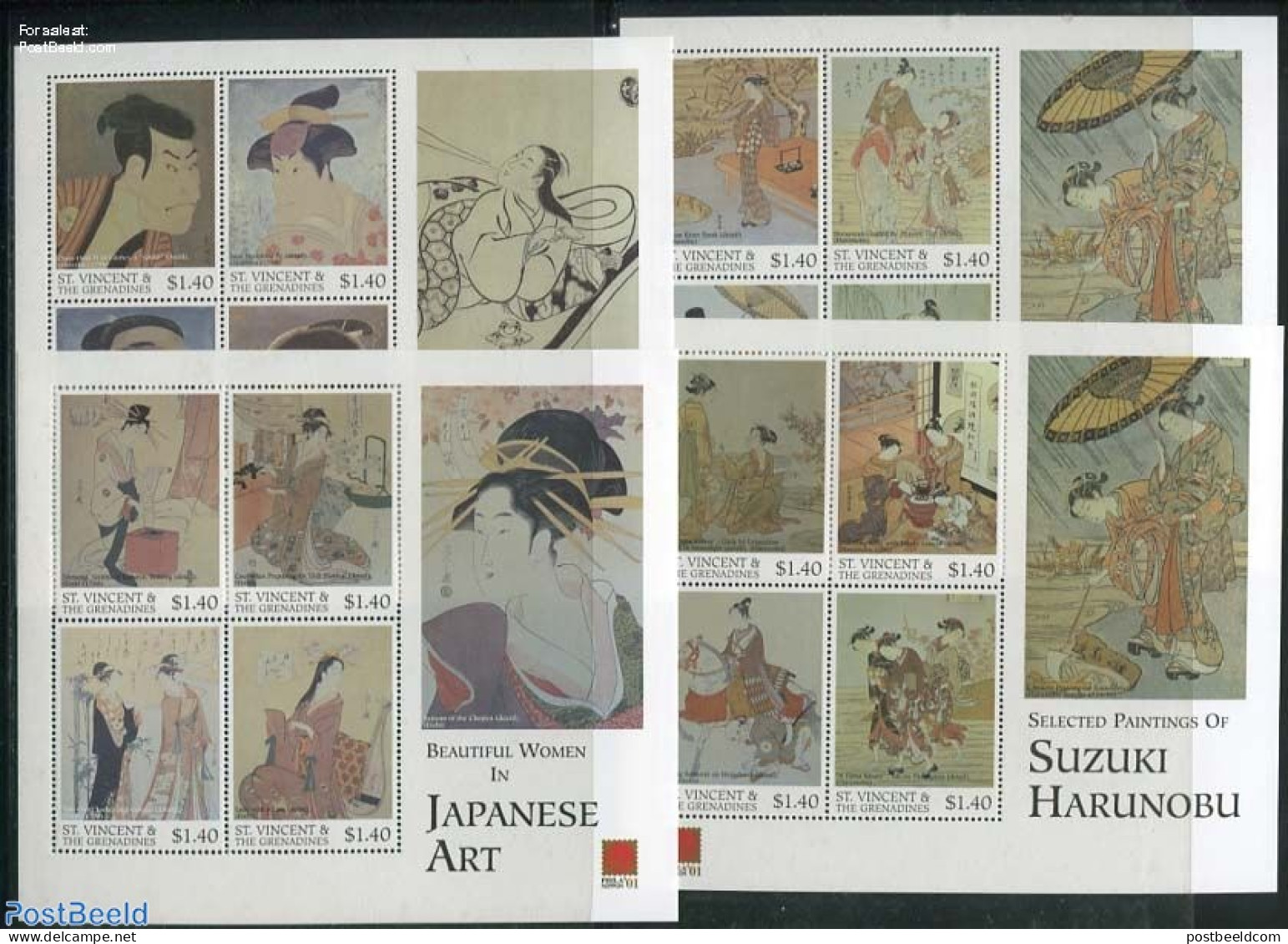 Saint Vincent 2001 Japanese Paintings 16v (4 M/s), Mint NH, Nature - Horses - Art - East Asian Art - Paintings - St.Vincent (1979-...)
