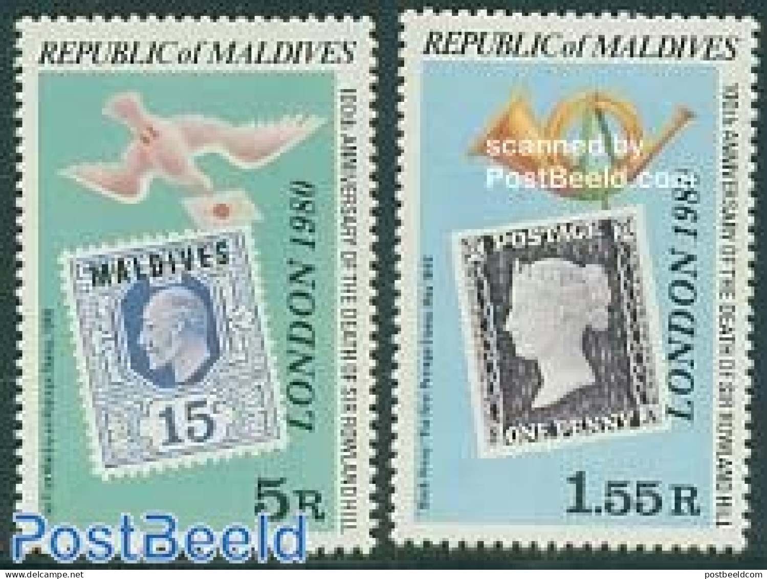 Maldives 1980 London 1980 2v, Large Overprints, Mint NH, Stamps On Stamps - Stamps On Stamps