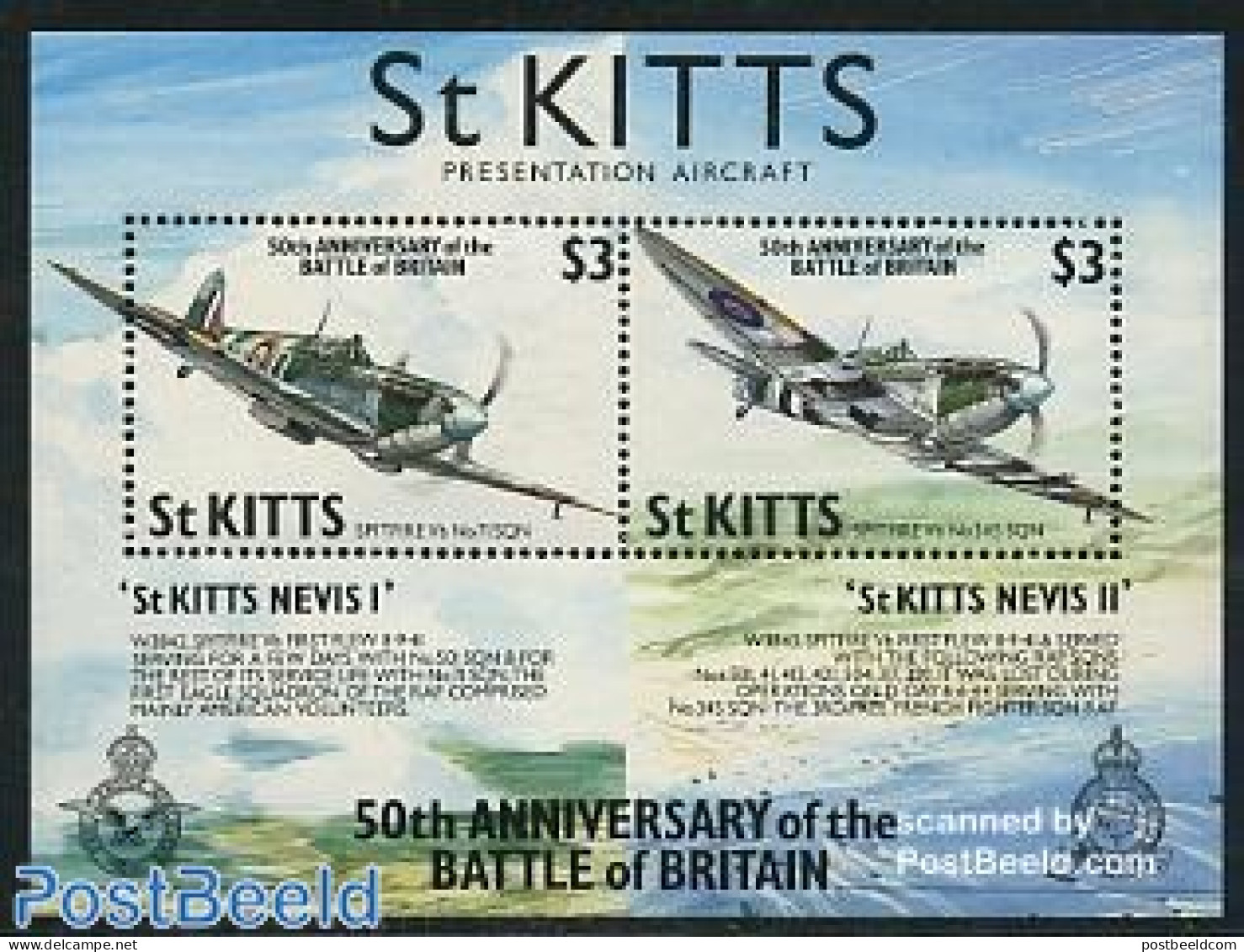 Saint Kitts/Nevis 1990 Battle Of Britain S/s, Mint NH, History - Transport - World War II - Aircraft & Aviation - WO2