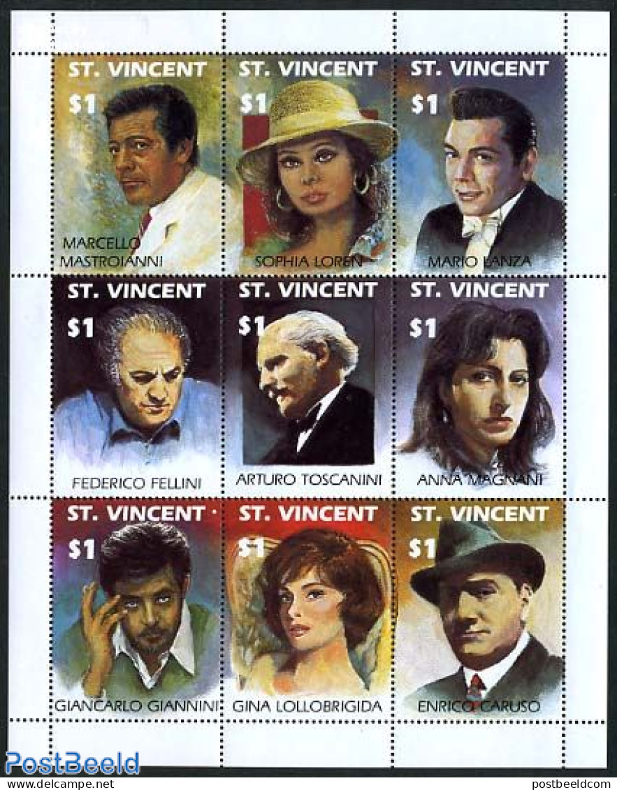Saint Vincent 1991 Italian Artists 9v M/s, Mint NH, Performance Art - Movie Stars - Popular Music - Acteurs