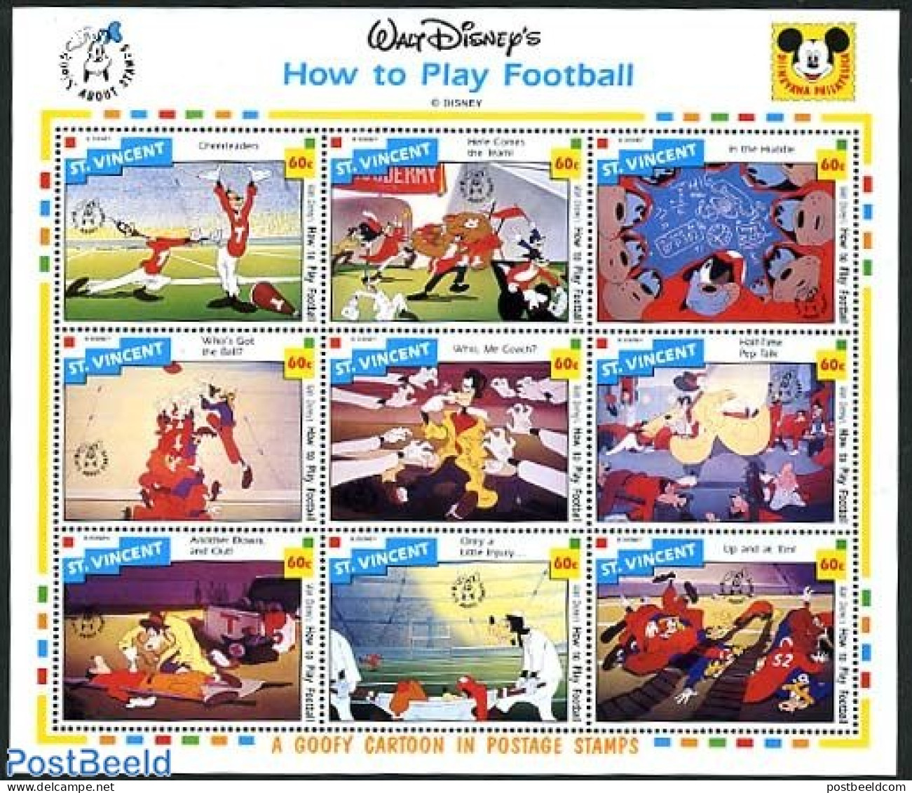 Saint Vincent 1992 Disney, How To Play Football 9v M/s, Mint NH, Sport - Football - Art - Disney - Disney
