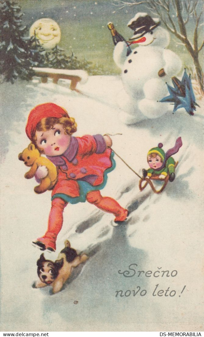 Snowman Father Christmas Chassing A Child W Teddy Bear & Dog Puppy Old Postcard - Other & Unclassified