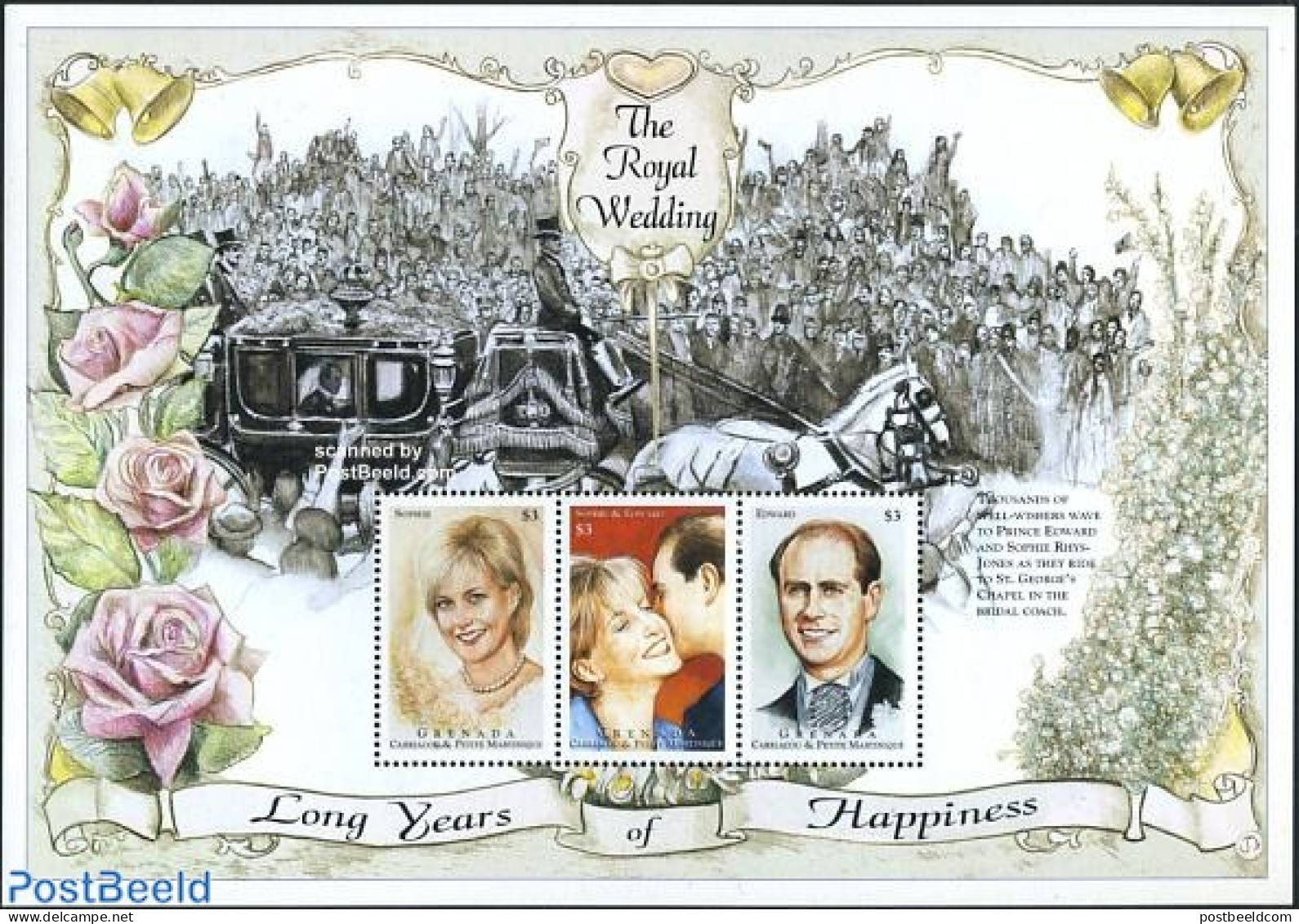 Grenada Grenadines 1999 Edward & Sophie Wedding 3v M/s, Mint NH, History - Kings & Queens (Royalty) - Royalties, Royals