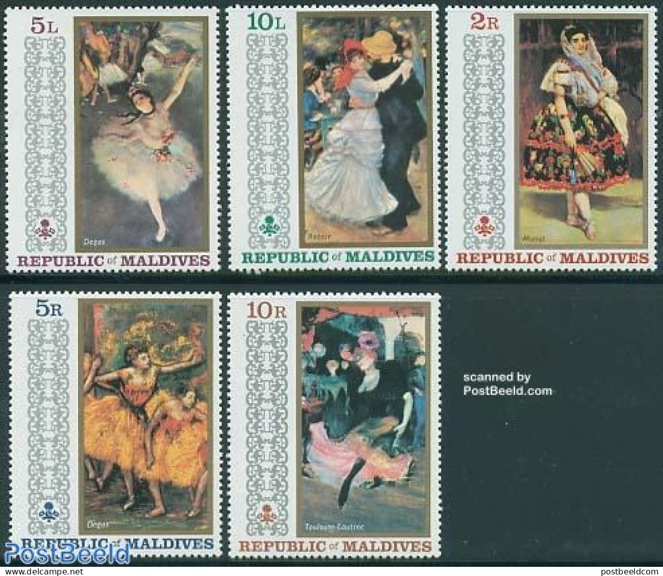 Maldives 1971 Impressionism, Dancing 5v, Mint NH, Performance Art - Dance & Ballet - Art - Edgar Degas - Henri De Toul.. - Baile