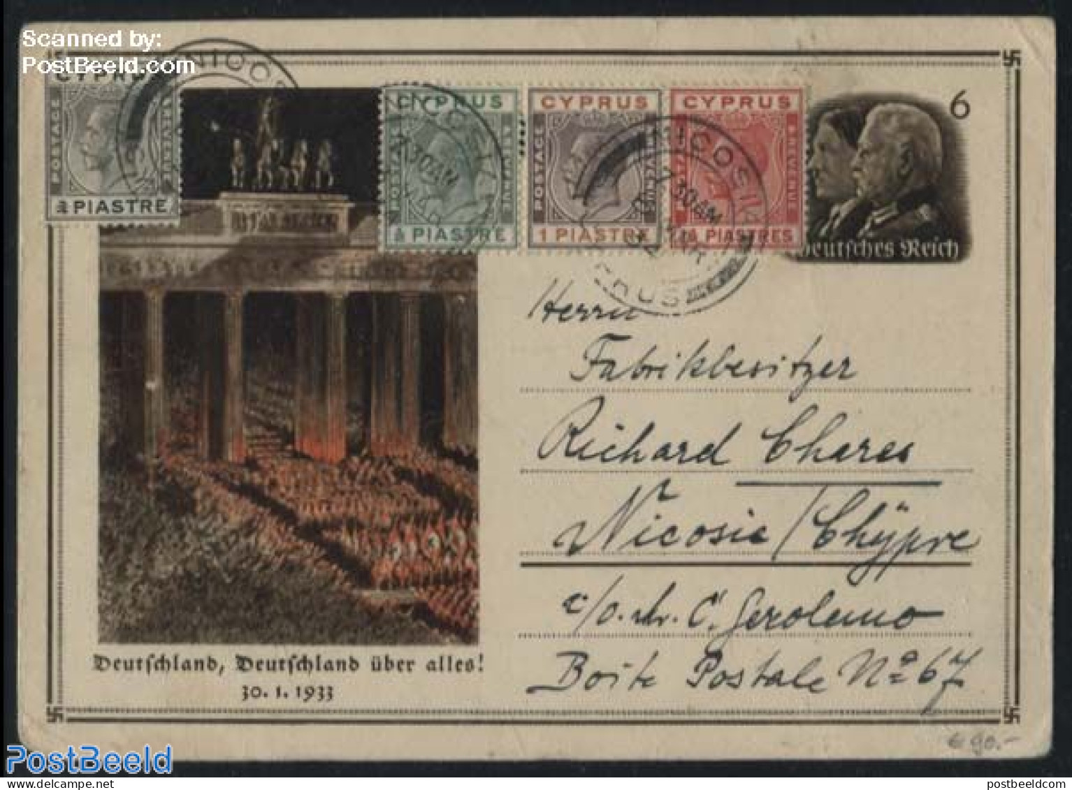 Cyprus 1934 German Postcard Sent Withhin Cyprus (Nicosia), Postal History - Storia Postale