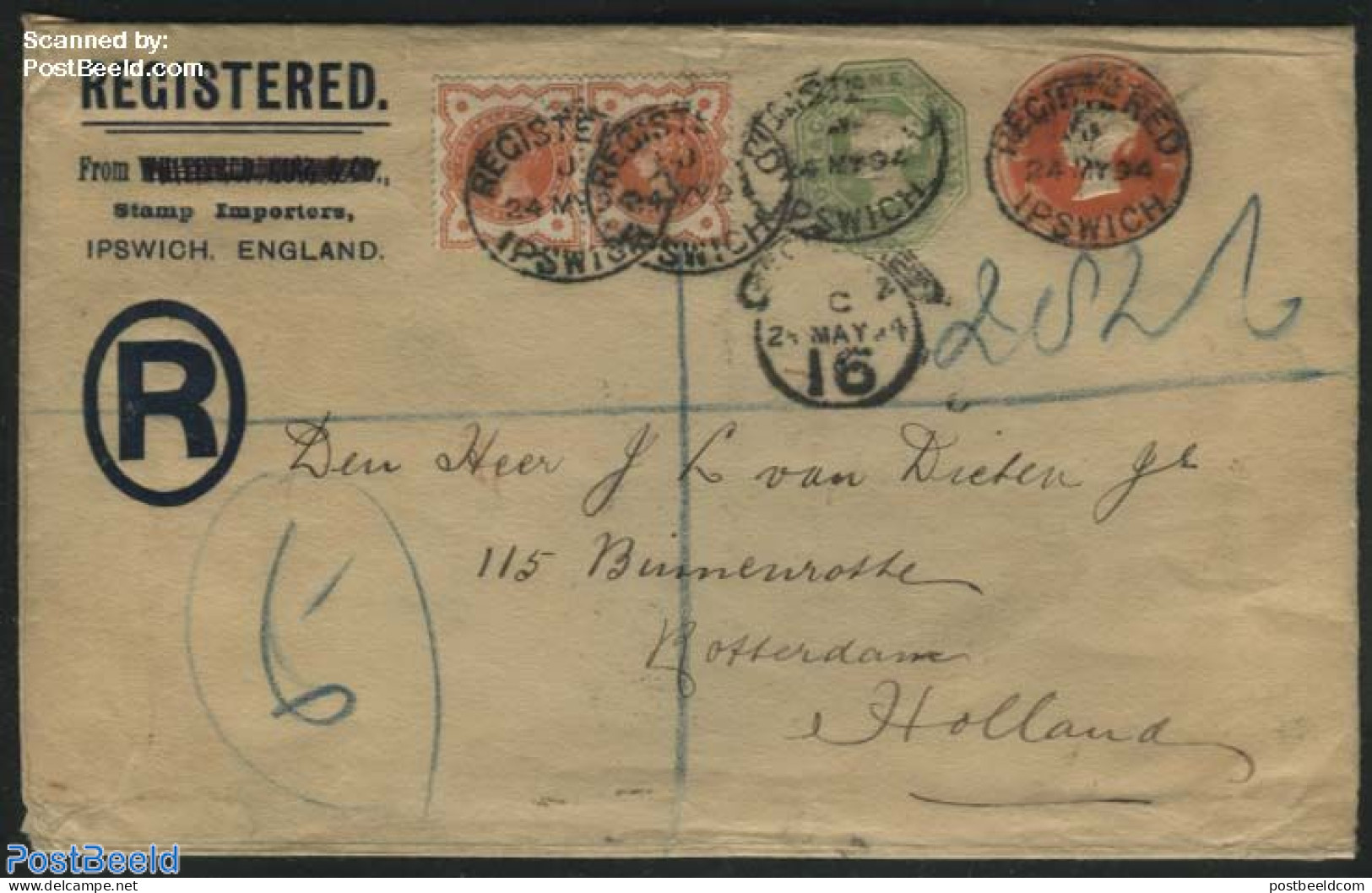 Great Britain 1894 Registered Letter From Ipswich To Rotterdam, Postal History - Autres & Non Classés