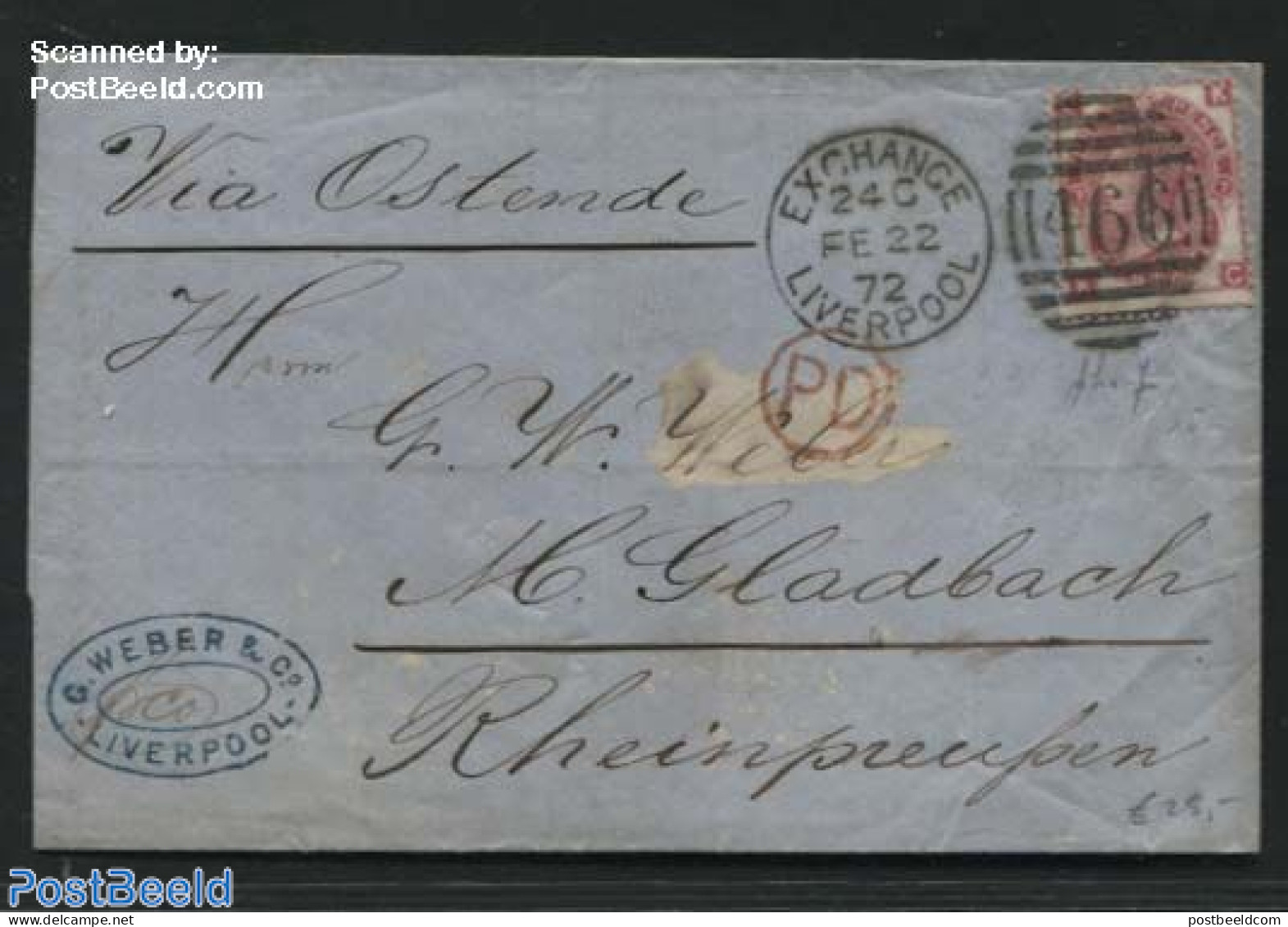 Great Britain 1872 Letter From Liverpool To Munchen Gladbach (D), Postal History - Autres & Non Classés