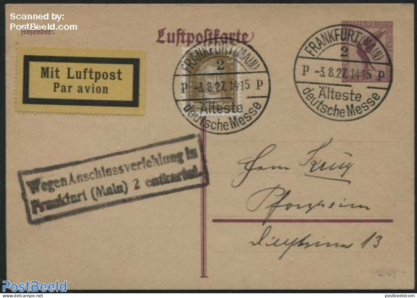 Germany, Empire 1927 Postcard, Special Postmark Frankfurt Messe, Anschlussverlehung, Postal History, Nature - Birds - Covers & Documents