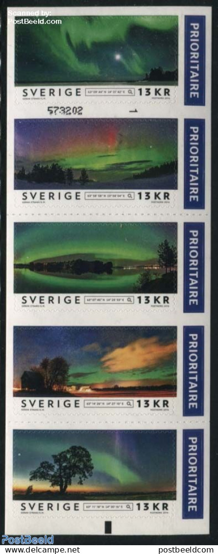 Sweden 2016 Aurora Borealis 5v S-a On Foil Booklet, Mint NH, Science - Astronomy - Neufs