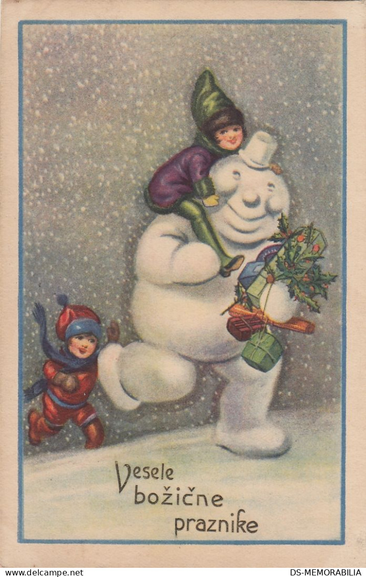 Snowman Father Christmas & Children Old Postcard - Altri & Non Classificati