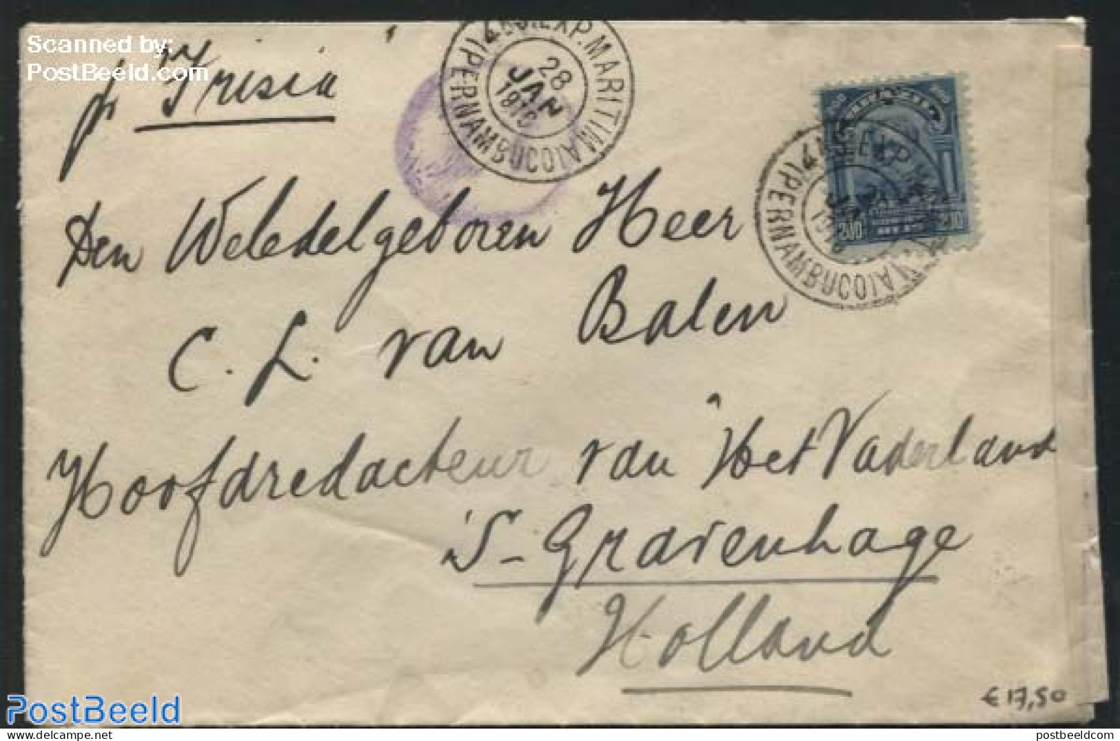 Brazil 1916 Shipping Post Form Brazil To The Hague, The Netherlands. Open By Censor, Postal History - Lettres & Documents