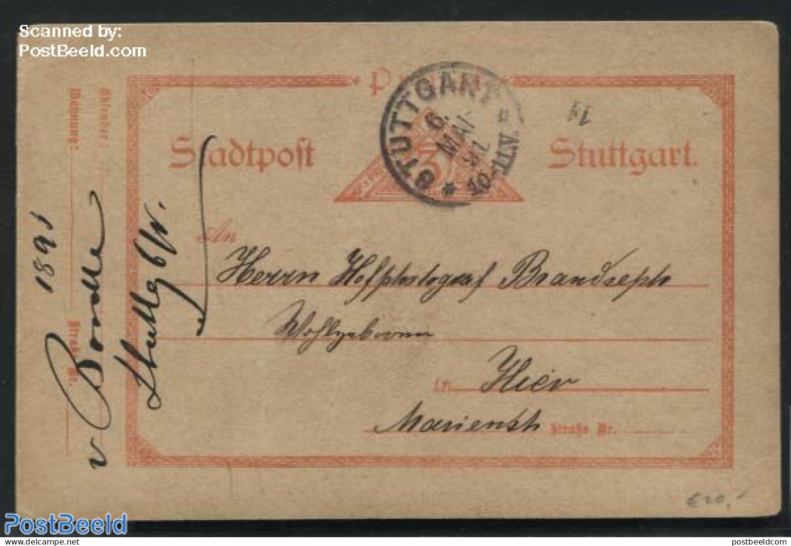 Germany, Empire 1891 Postcard Stadtpost Stuttgart, Postal History - Covers & Documents