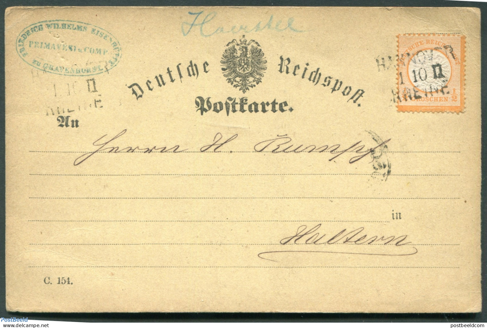 Germany, Empire 1873 Card From Hannover With 1/2 Groschen Stamp, Postal History - Storia Postale