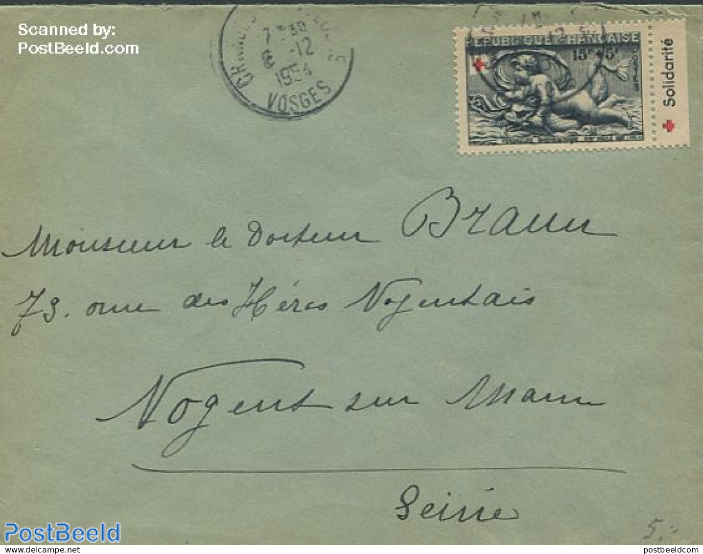 France 1954 Envelope From Vosges, Postal History, Health - Red Cross - Brieven En Documenten