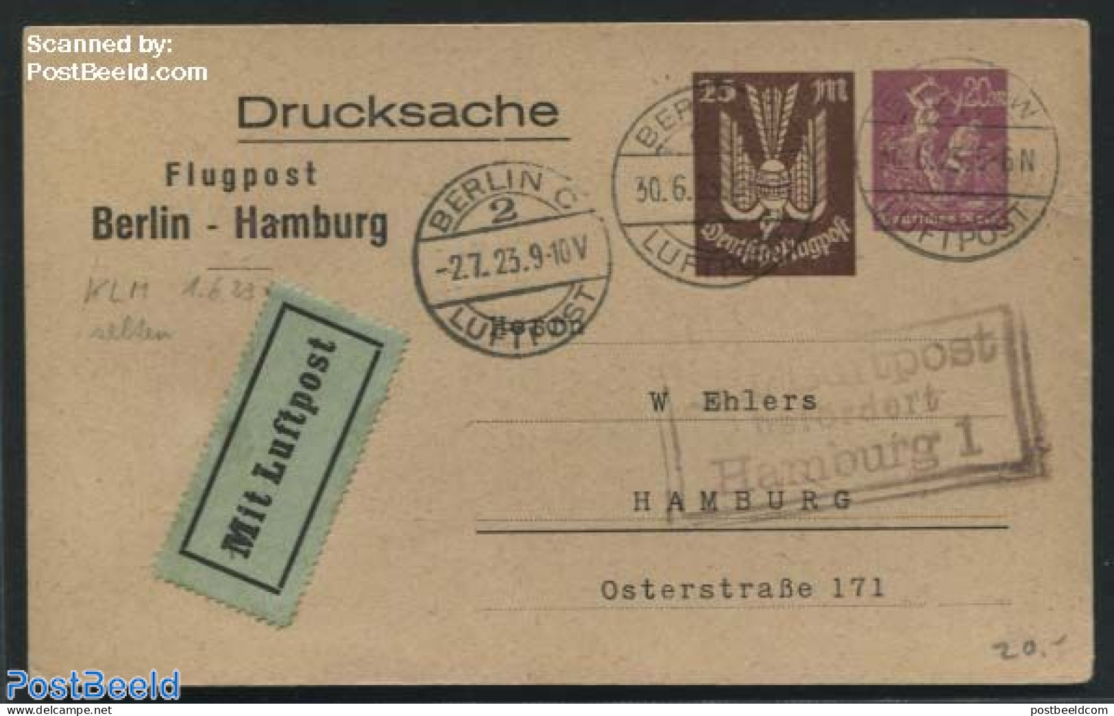 Germany, Empire 1923 Postcard Sent By Airmail 25M/20M, Used Postal Stationary - Lettres & Documents