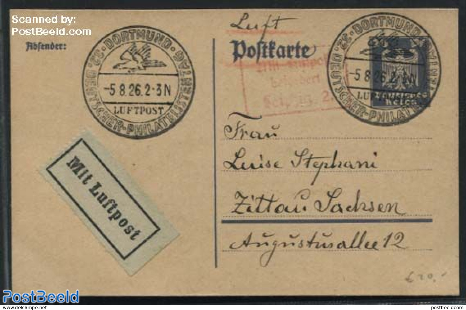 Germany, Empire 1926 Postcard Airmail, Philatelistentag, Used Postal Stationary - Covers & Documents