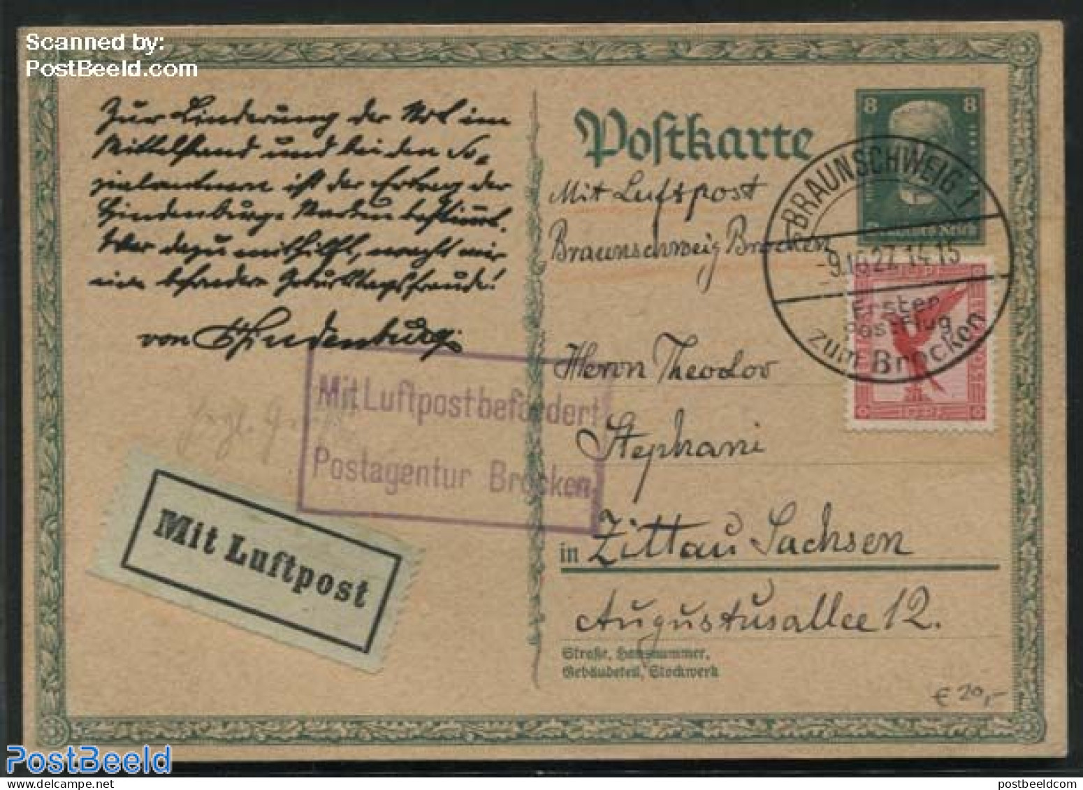 Germany, Empire 1927 Postcard Sent By Airmail, Used Postal Stationary - Storia Postale