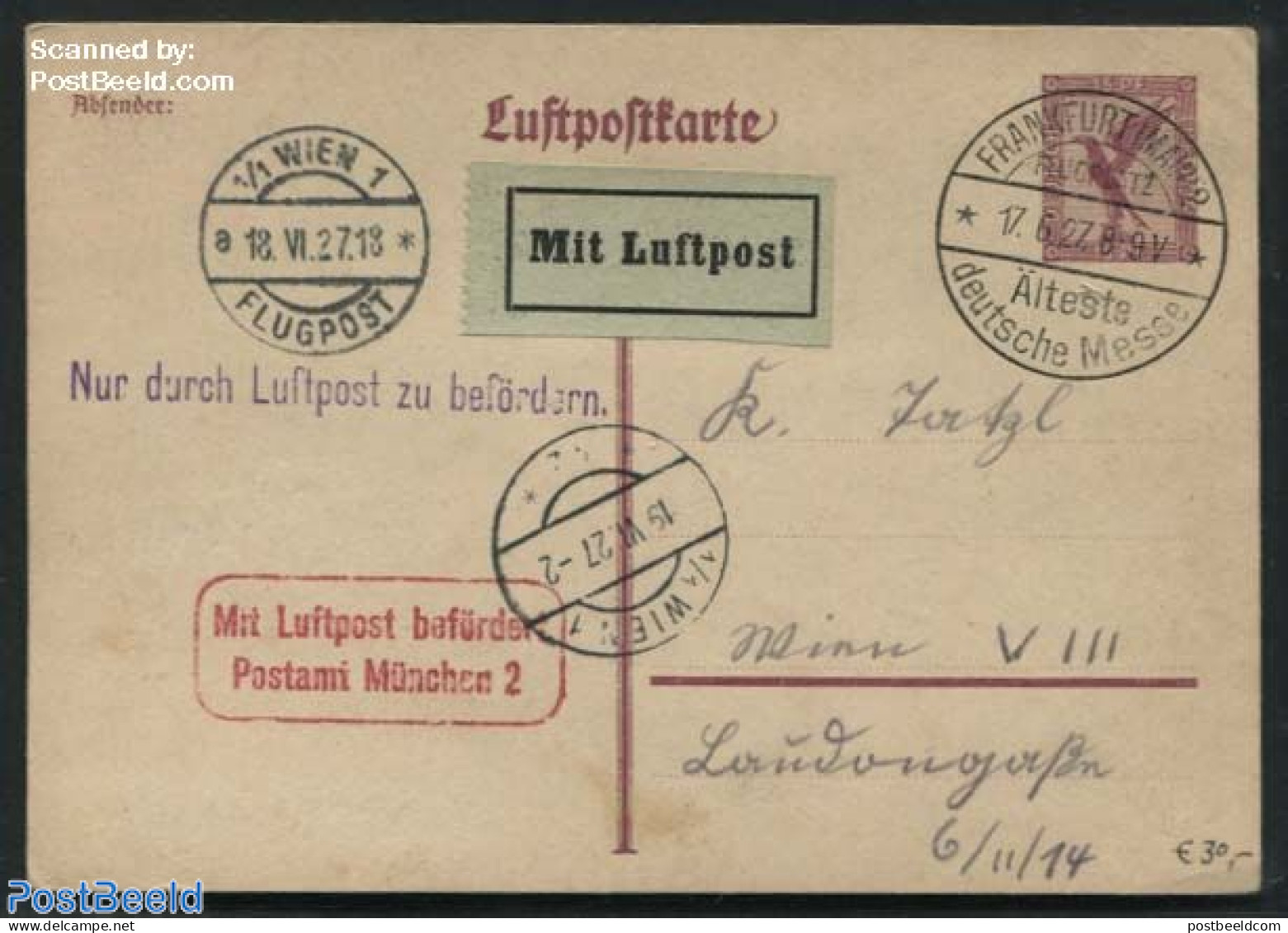 Germany, Empire 1926 Postcard Sent By Airmail, Used Postal Stationary - Covers & Documents