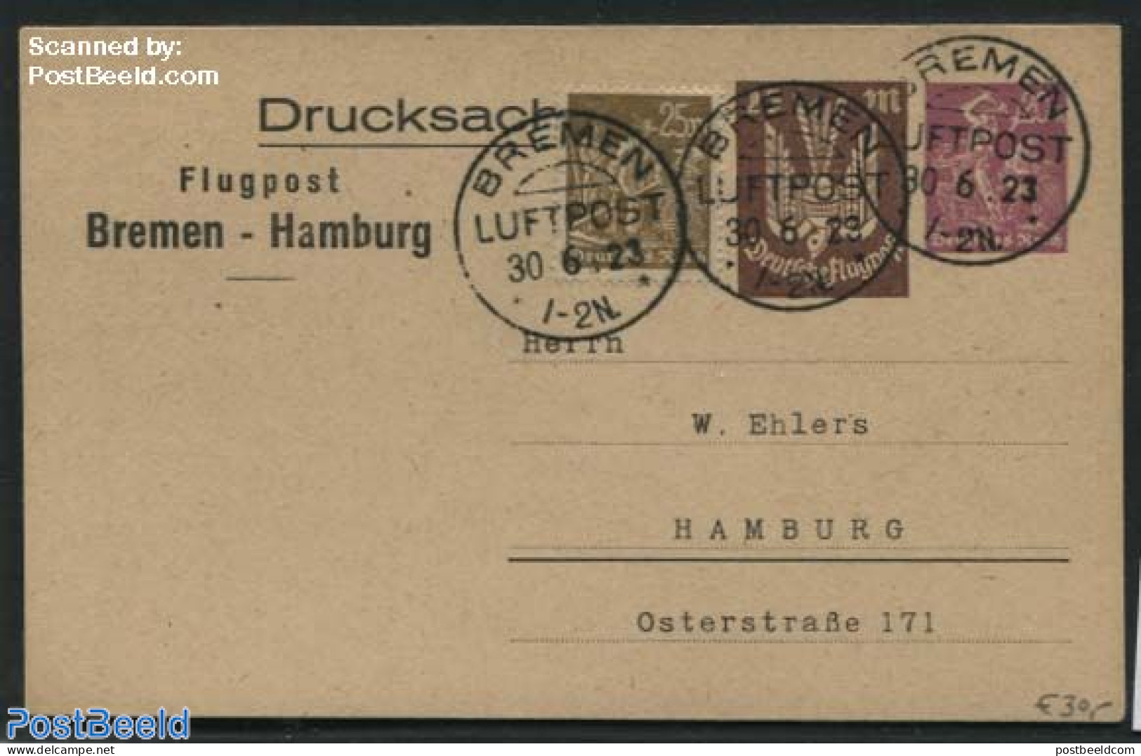 Germany, Empire 1923 Postcard 25M+20M Uprated Sent By Airmail, Used Postal Stationary - Lettres & Documents