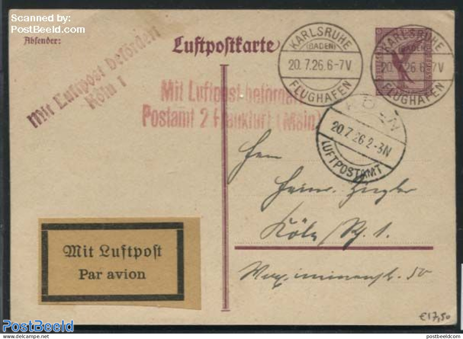 Germany, Empire 1926 Postcard Sent By Airmail, Used Postal Stationary - Briefe U. Dokumente