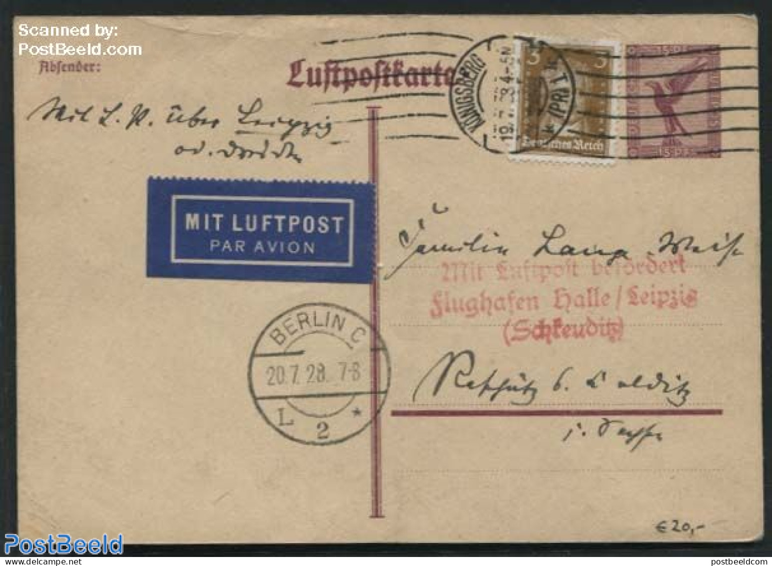 Germany, Empire 1926 Postcard, Uprated, Sent By Airmail, Used Postal Stationary - Covers & Documents