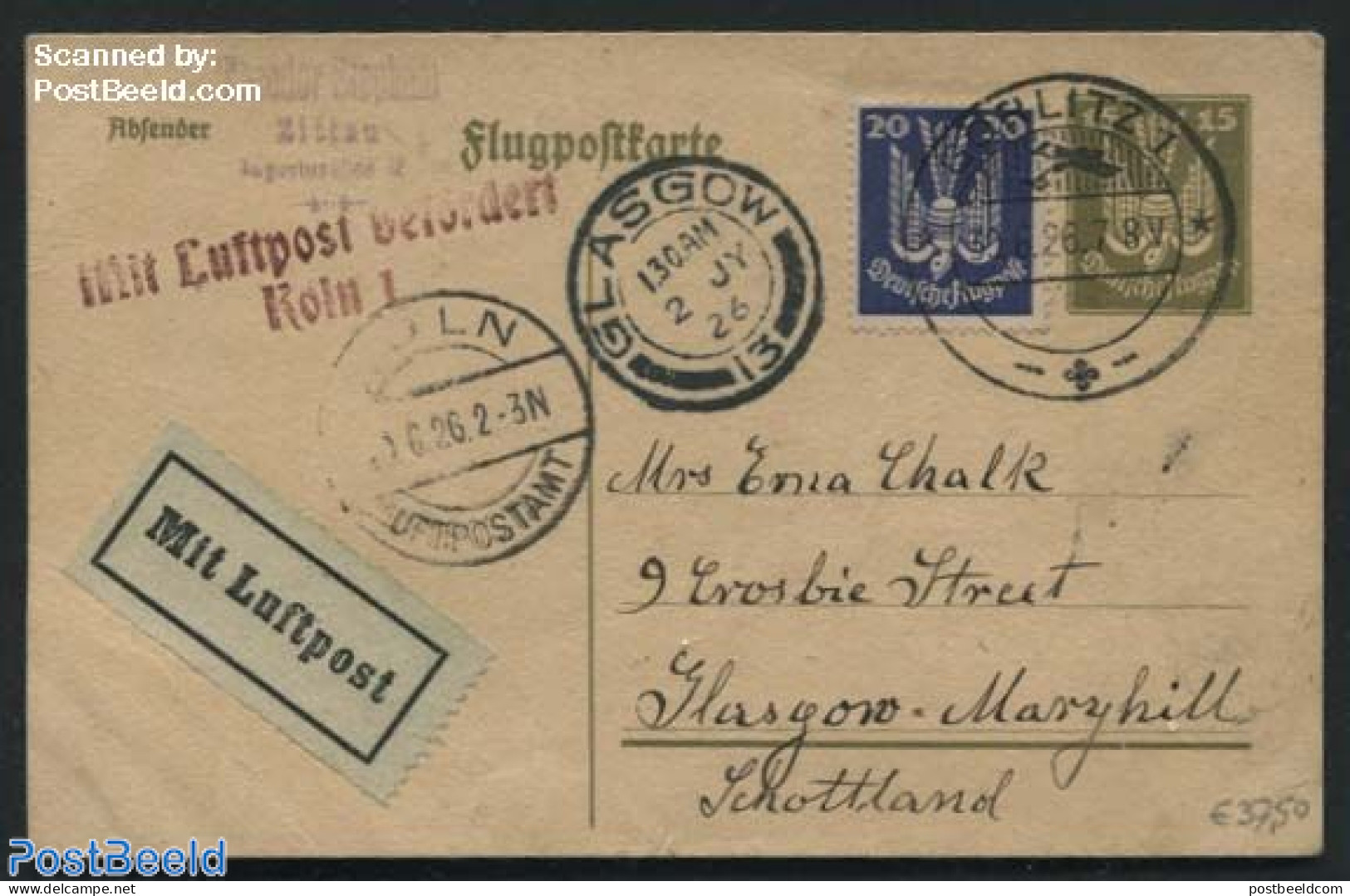 Germany, Empire 1926 Postcard, Uprated Sent By Airmail To Glasgow, Used Postal Stationary - Briefe U. Dokumente