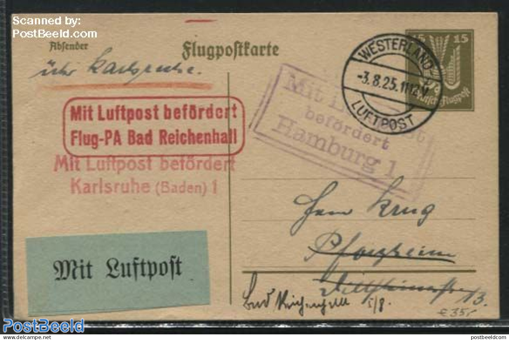 Germany, Empire 1925 Postcard Sent By Airmail, Used Postal Stationary - Briefe U. Dokumente