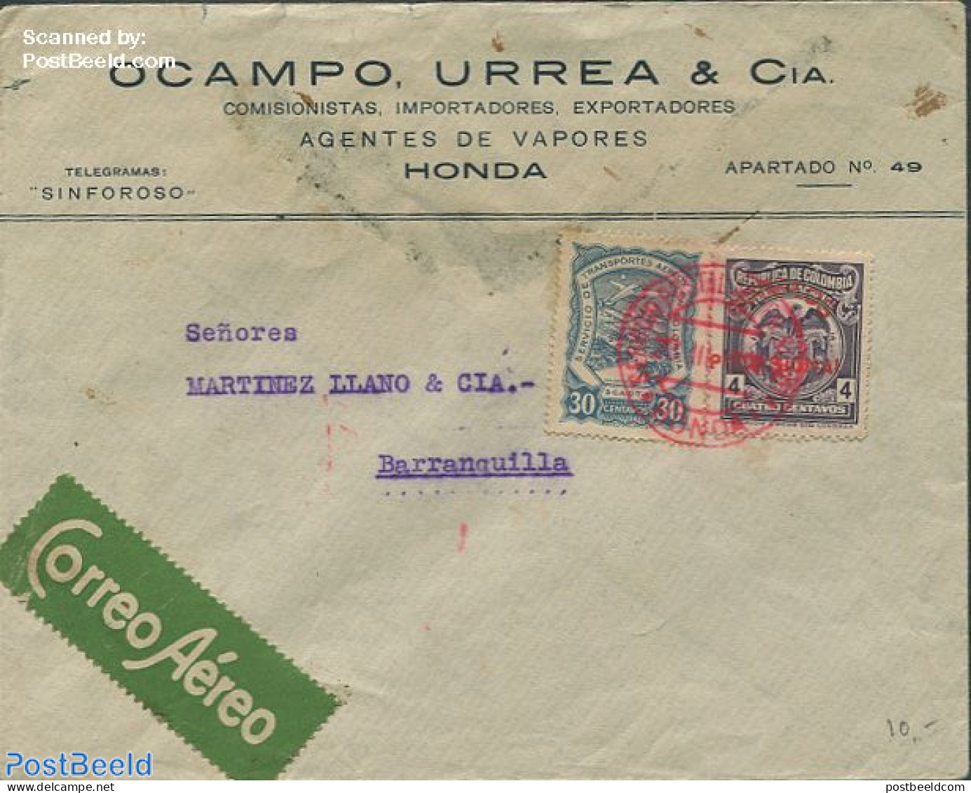 Colombia 1926 Envelope To Barranquilla, Postal History - Colombia