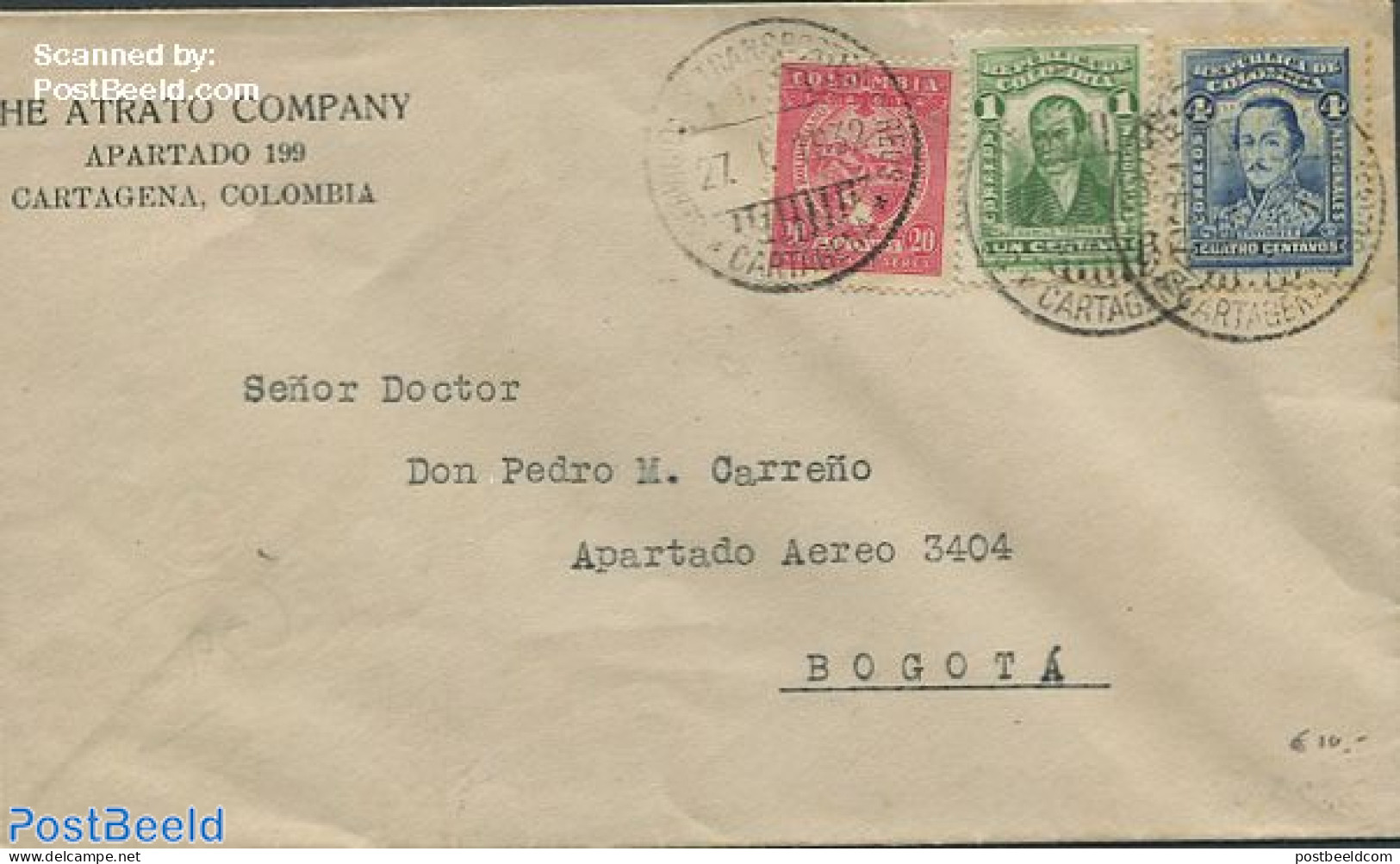 Colombia 1932 Envelope From Cartagena To Bogota, Postal History - Kolumbien