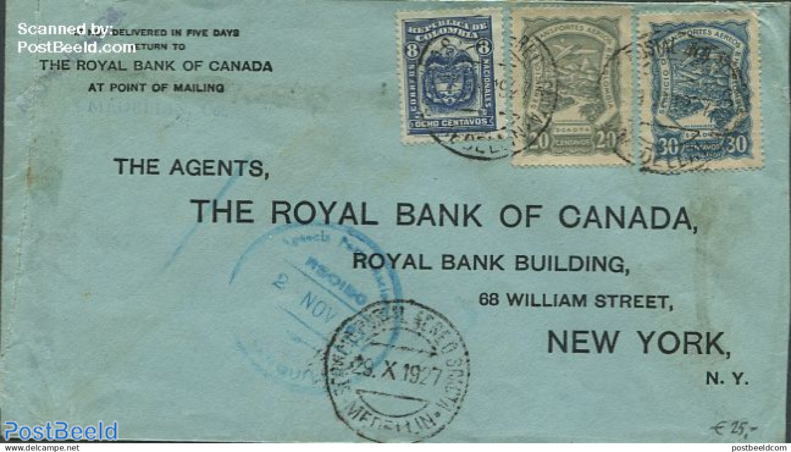 Colombia 1927 Envelope To New York, Postal History - Kolumbien
