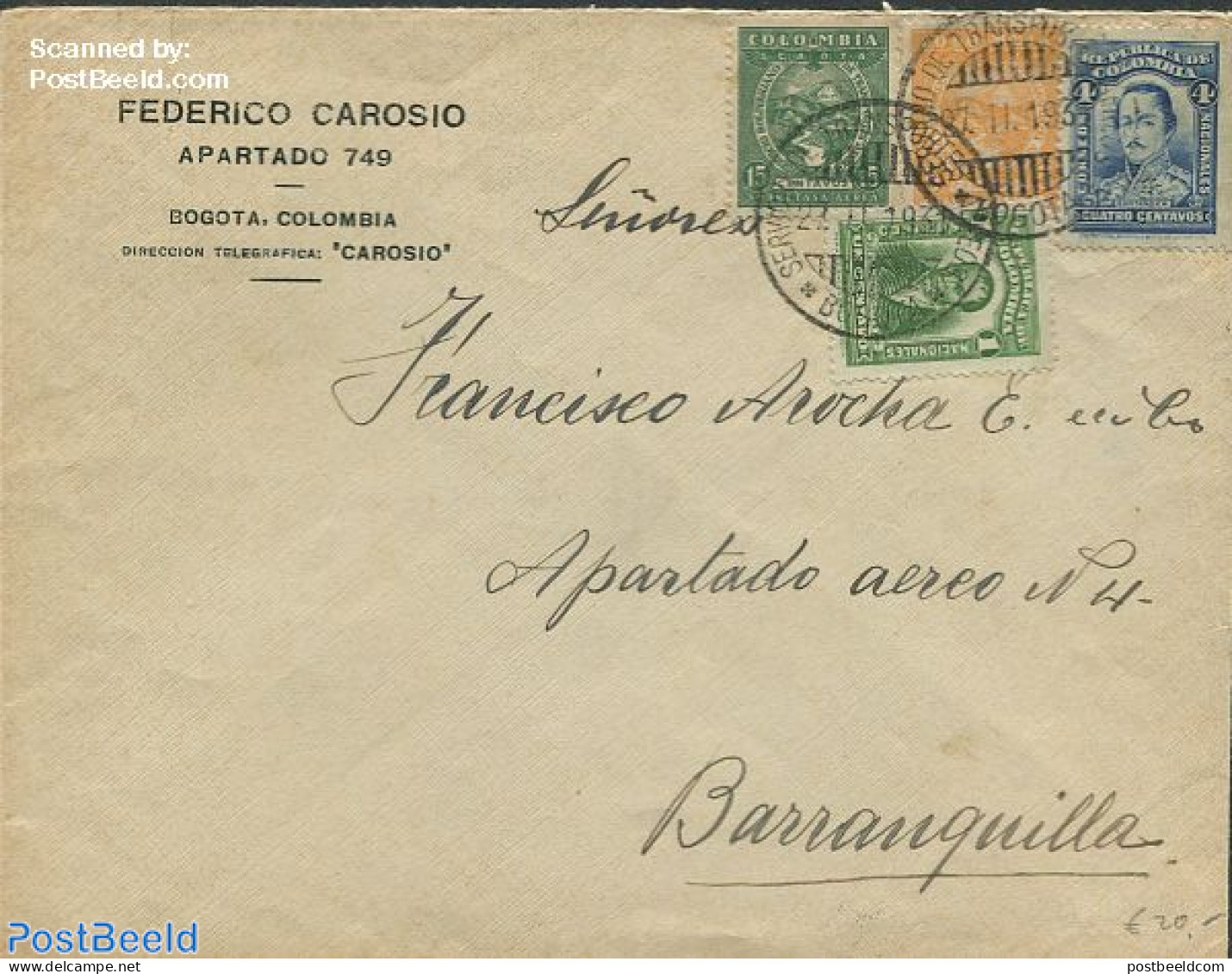 Colombia 1931 Envelope To Barranquilla, Postal History - Colombia