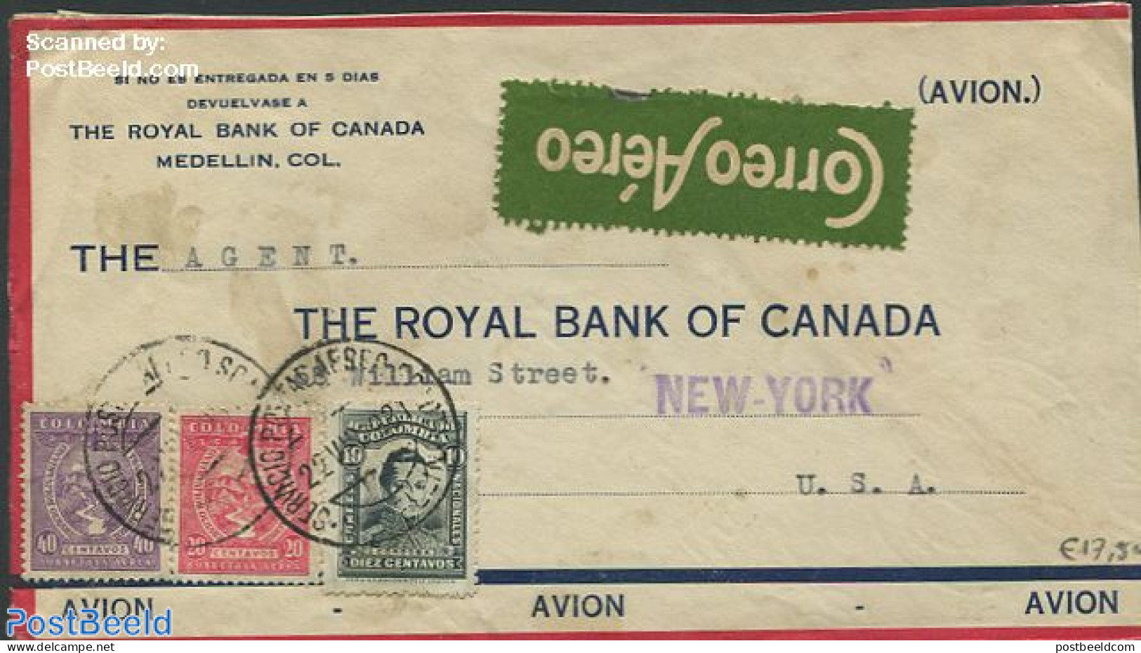 Colombia 1931 Airmail From Medellin To New York, Postal History - Colombia