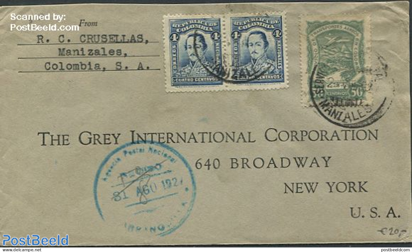 Colombia 1927 Envelope To New York, Postal History - Colombia