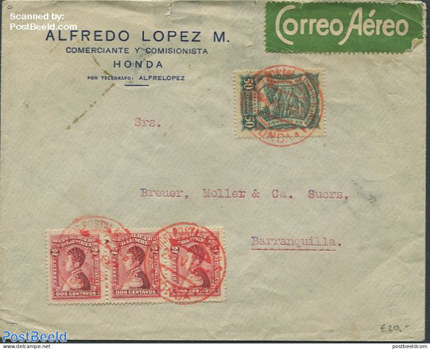 Colombia 1925 Envelope To Barranquilla, Postal History - Colombia