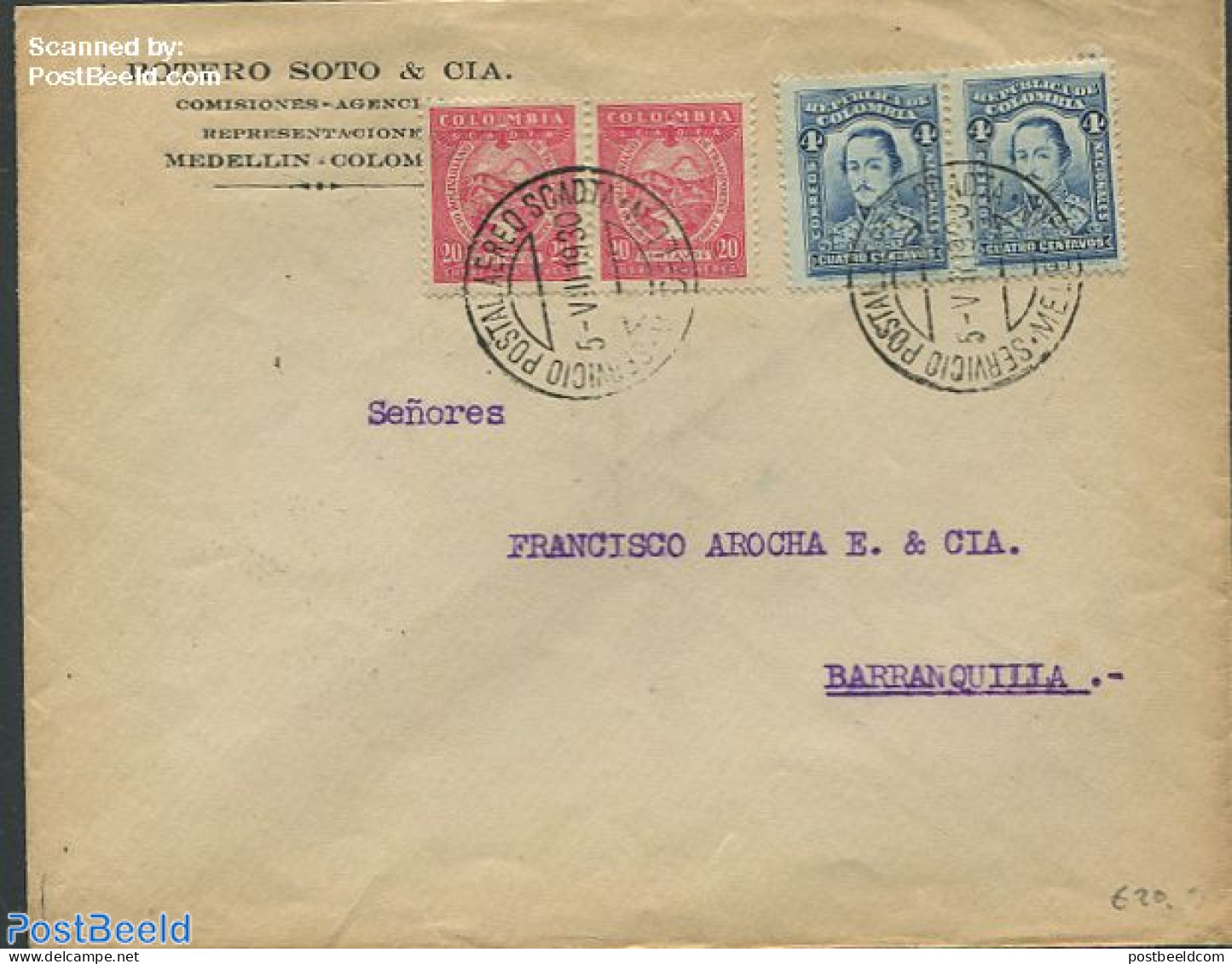 Colombia 1930 Envelope From Medellin To Barranquilla, Postal History - Kolumbien