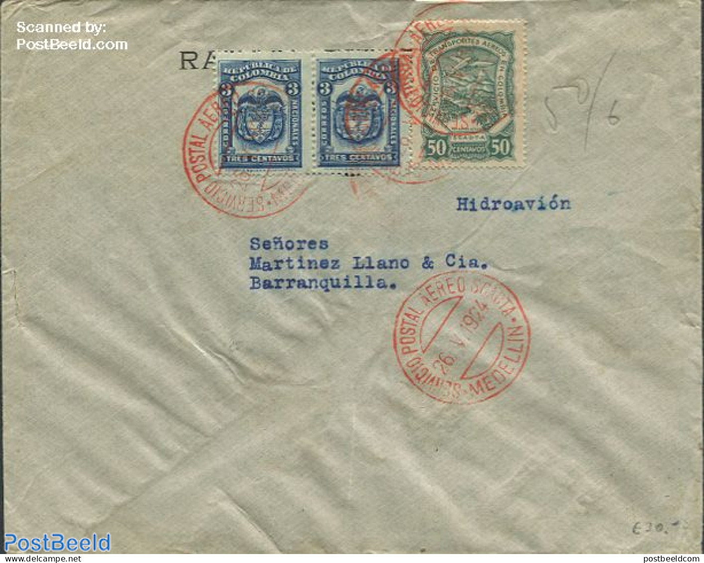 Colombia 1924 Envelope To Barranquilla, Postal History - Colombie