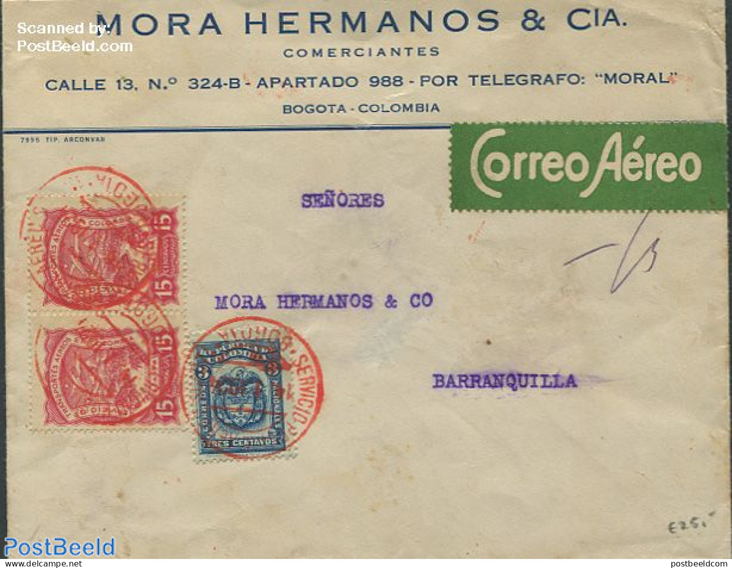 Colombia 1924 Airmail To Barranquilla, Postal History - Colombia