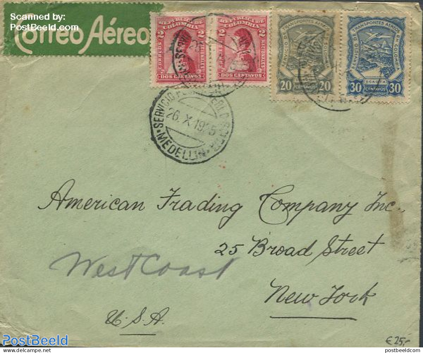 Colombia 1925 Airmail To New York, Postal History - Colombia