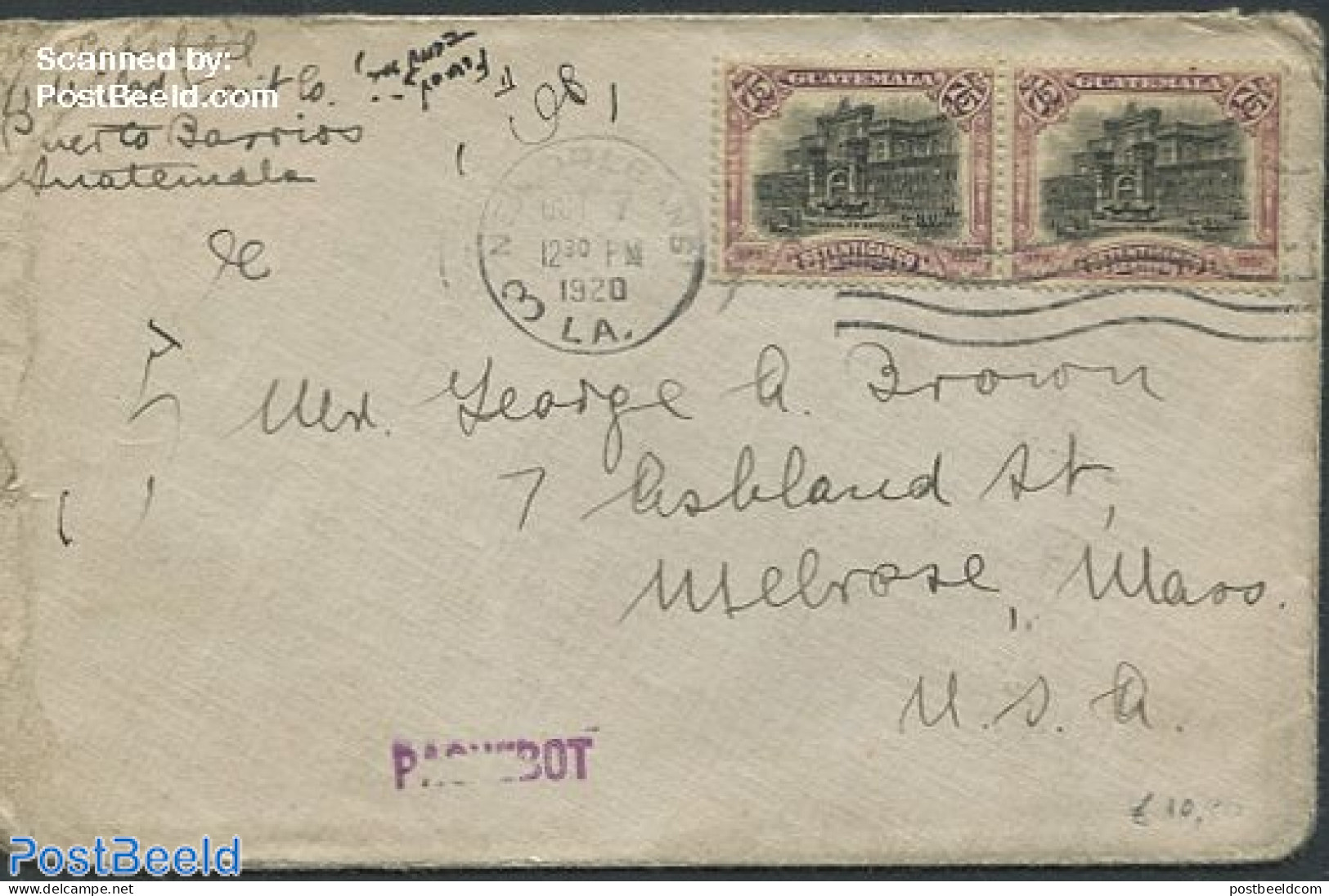 Guatemala 1920 Envelope From Guatemala To USA, Postal History - Guatemala