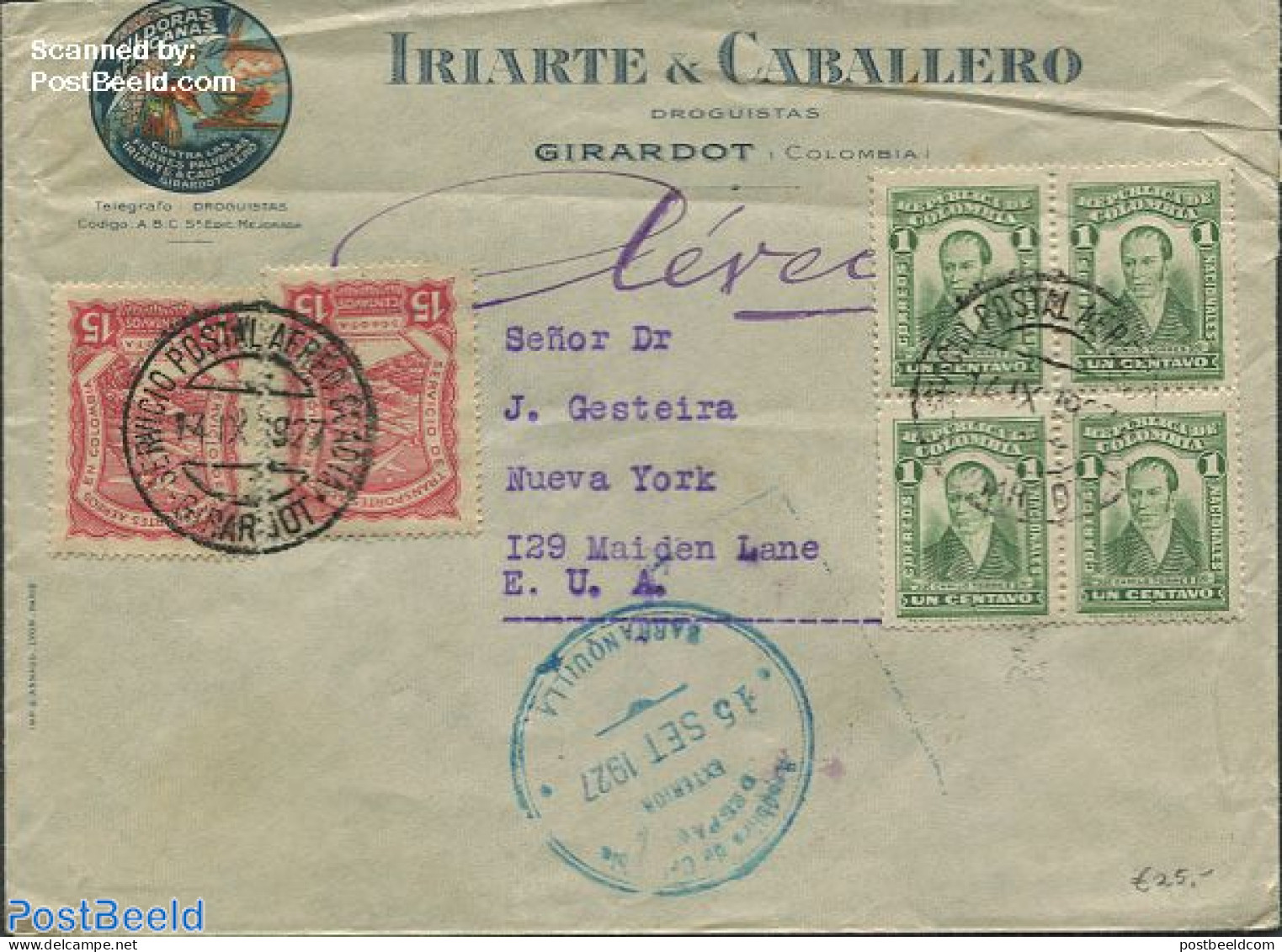 Colombia 1927 Envelope From Girardot To New York, Postal History - Colombia