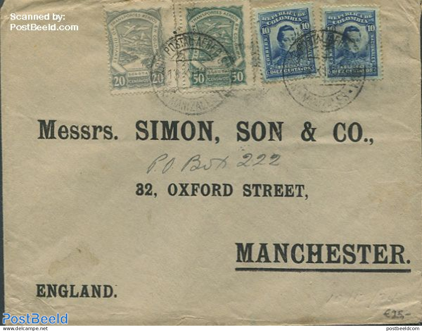 Colombia 1929 Envelope From Colombia To Manchester, England, Postal History - Colombie