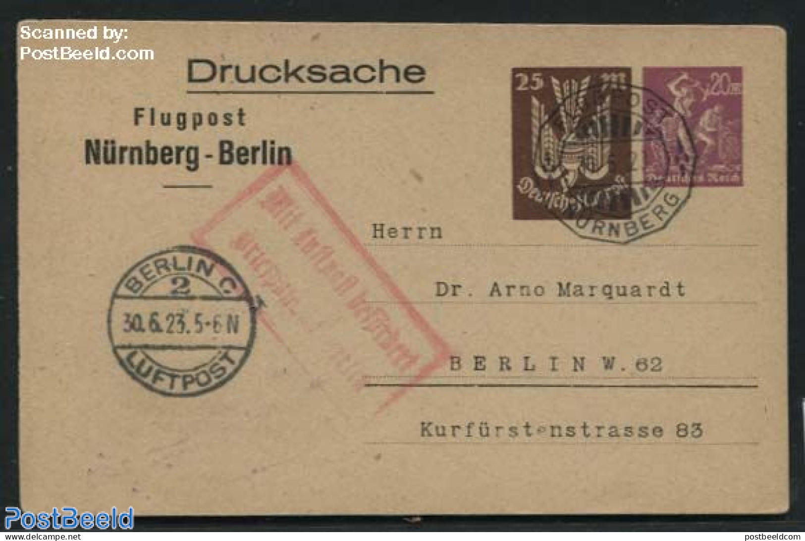 Germany, Empire 1923 Postcard Sent By Airmail Nuernberg-Berlin, Used Postal Stationary - Lettres & Documents