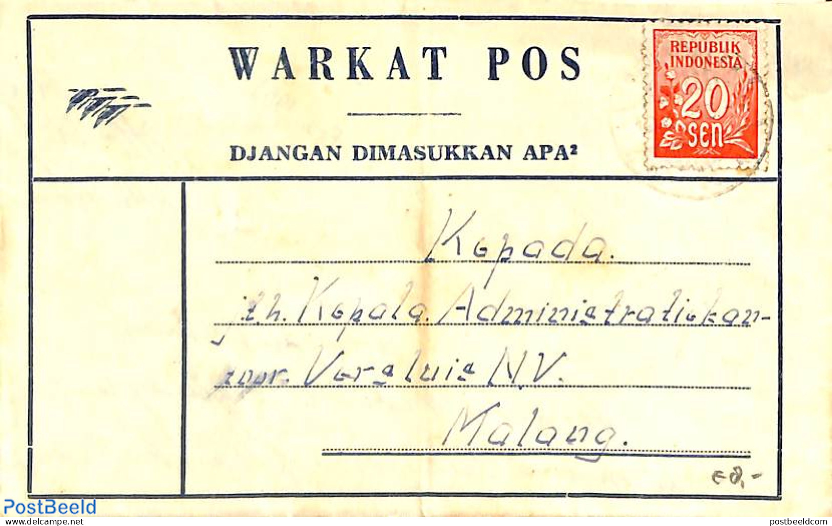 Indonesia 1953 WARKAT POS To Malang, Postal History - Indonesien