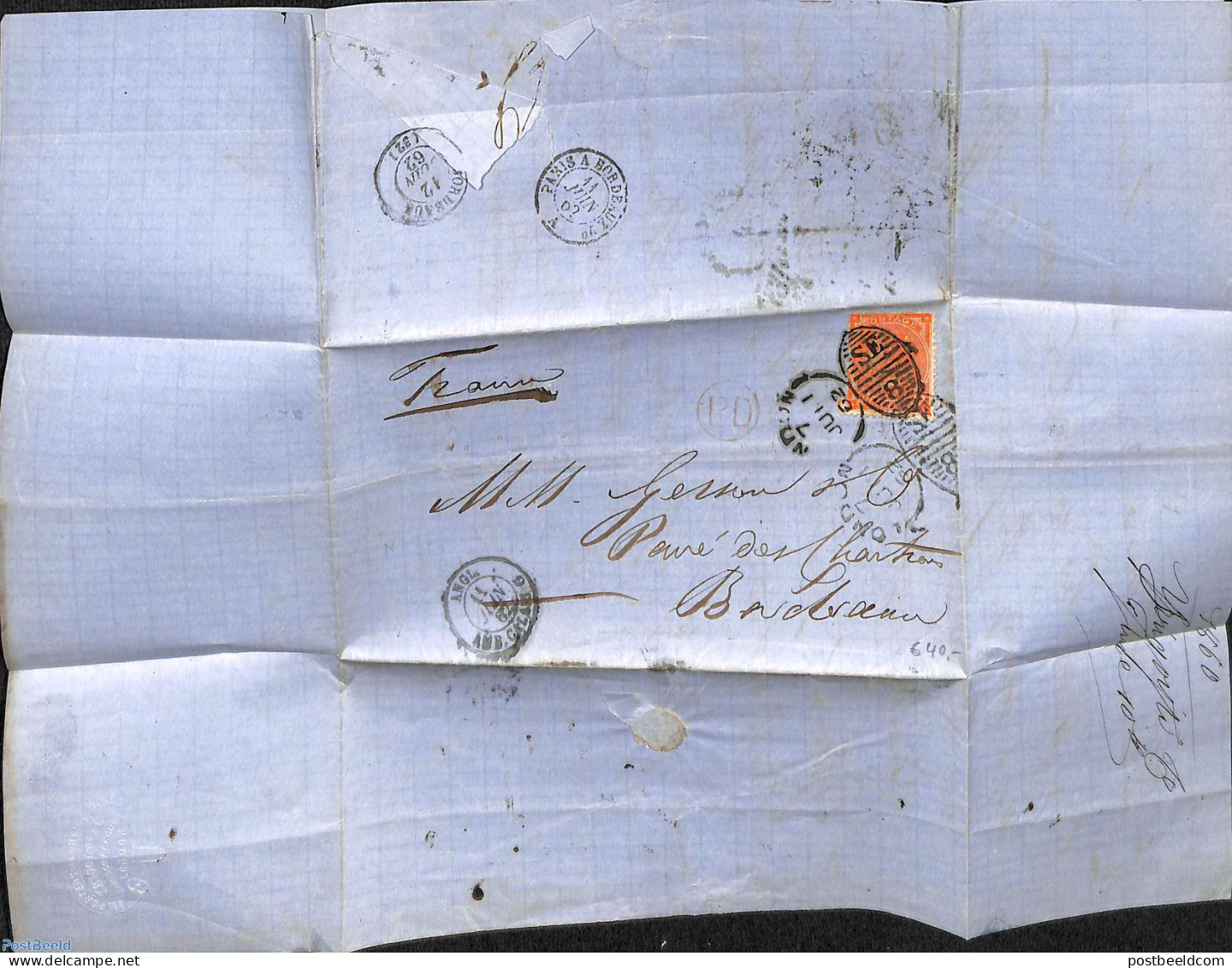 Great Britain 1862 Folding Letter From London To Bordeaux, Postal History - Autres & Non Classés