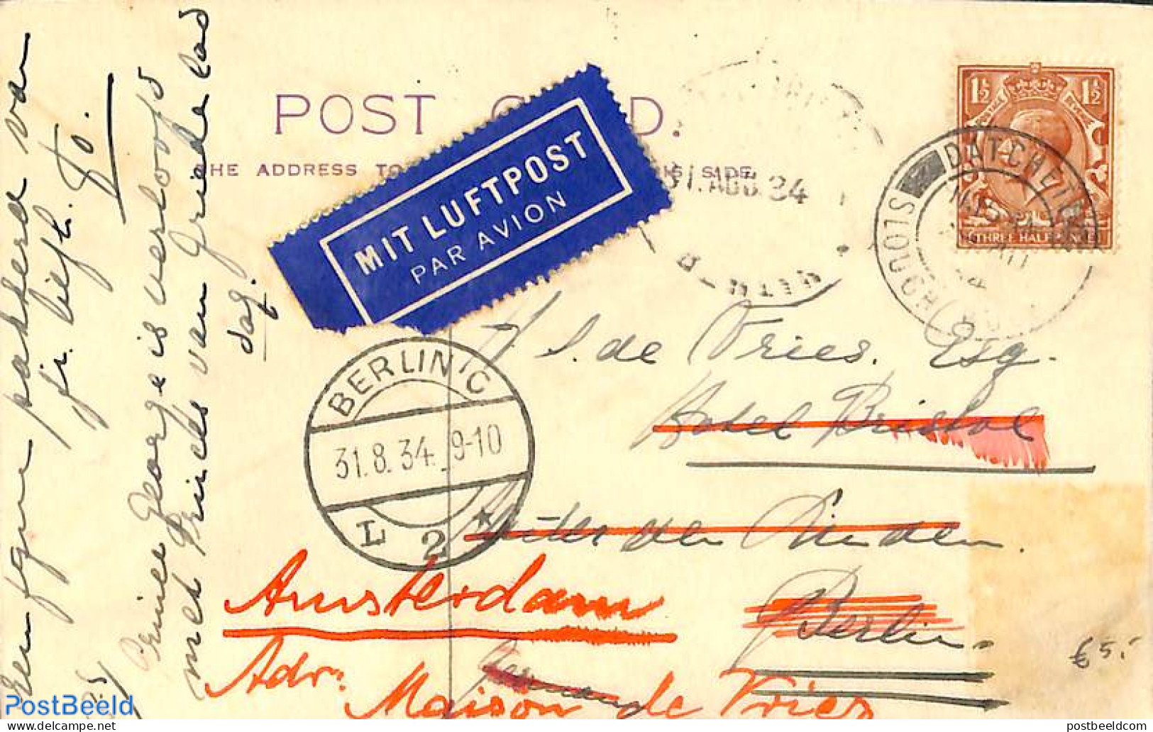 Great Britain 1934 Airmail From England To Berlin, Forewarded To Amsterdam, Postal History - Brieven En Documenten