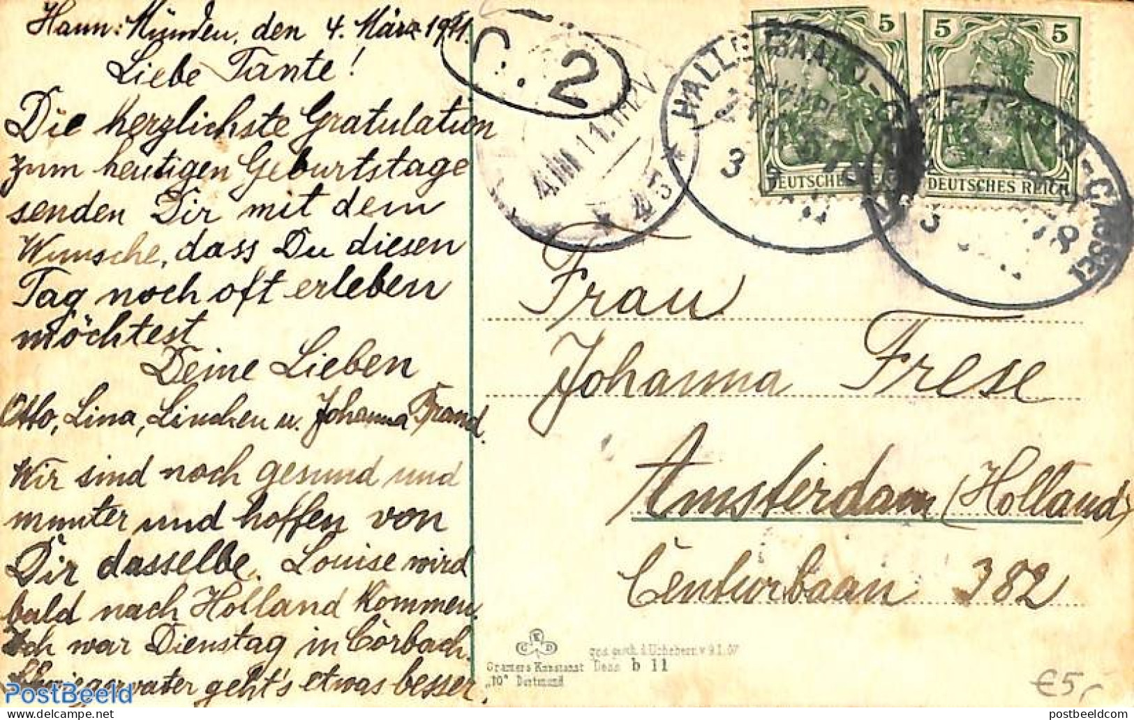 Germany, Empire 1911 Railway Post From Munden To Amsterdam, Postal History - Brieven En Documenten
