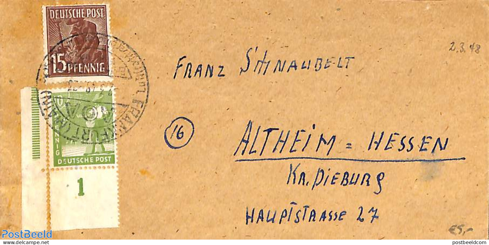 Germany, Empire 1948 Letter From Frankfurt To Altheim (luftfracht Verbindung), Postal History - Other & Unclassified