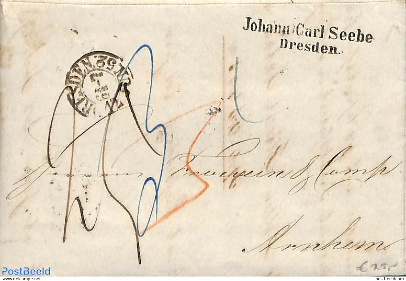 Germany, Empire 1852 Folding Letter From Dresden To Arnhem (NL), Various Traject Postmarks On Backside, Postal History - Préphilatélie