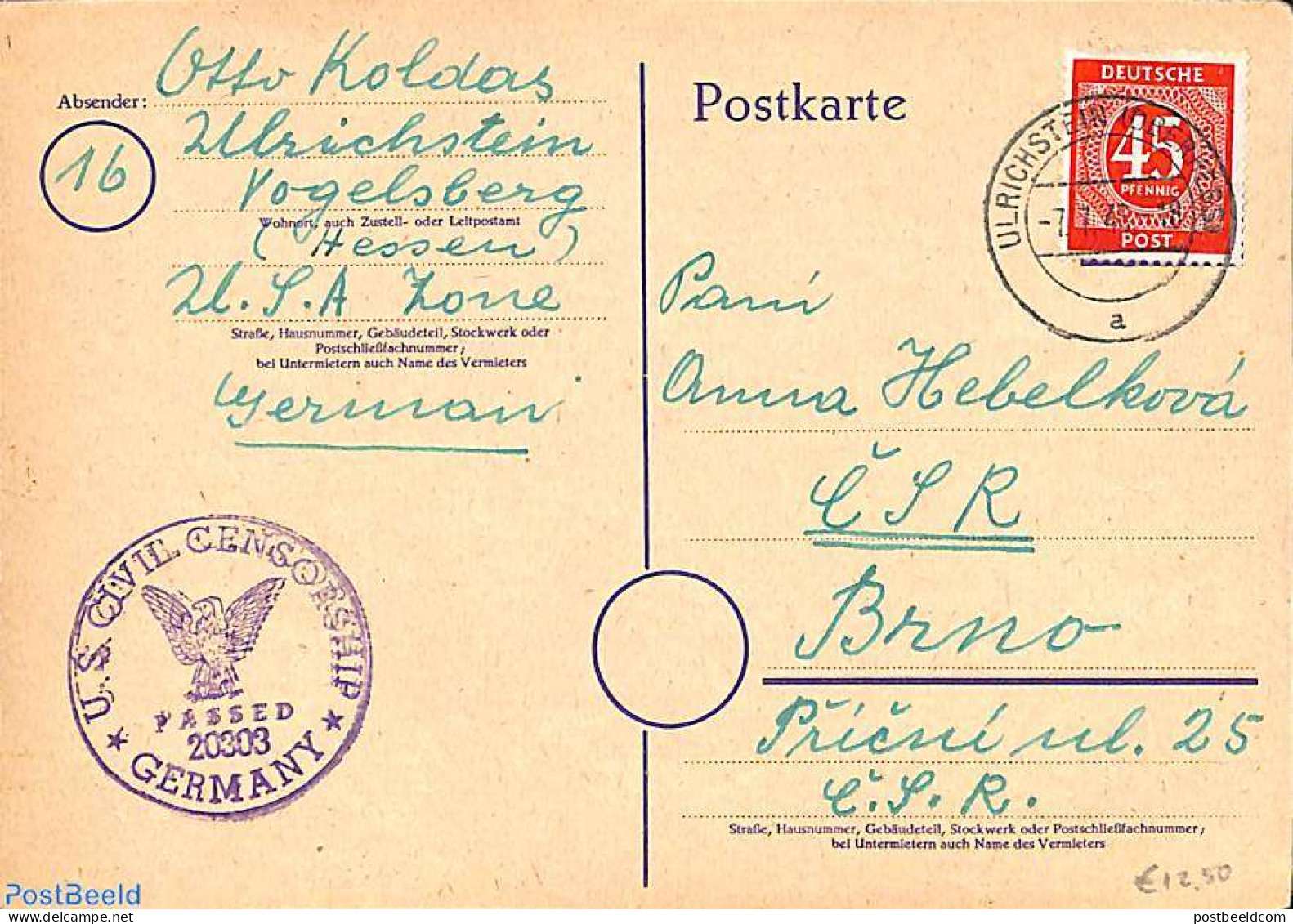 Germany, Empire 1948 Postcard To Brno, Censored, Postal History - Andere & Zonder Classificatie