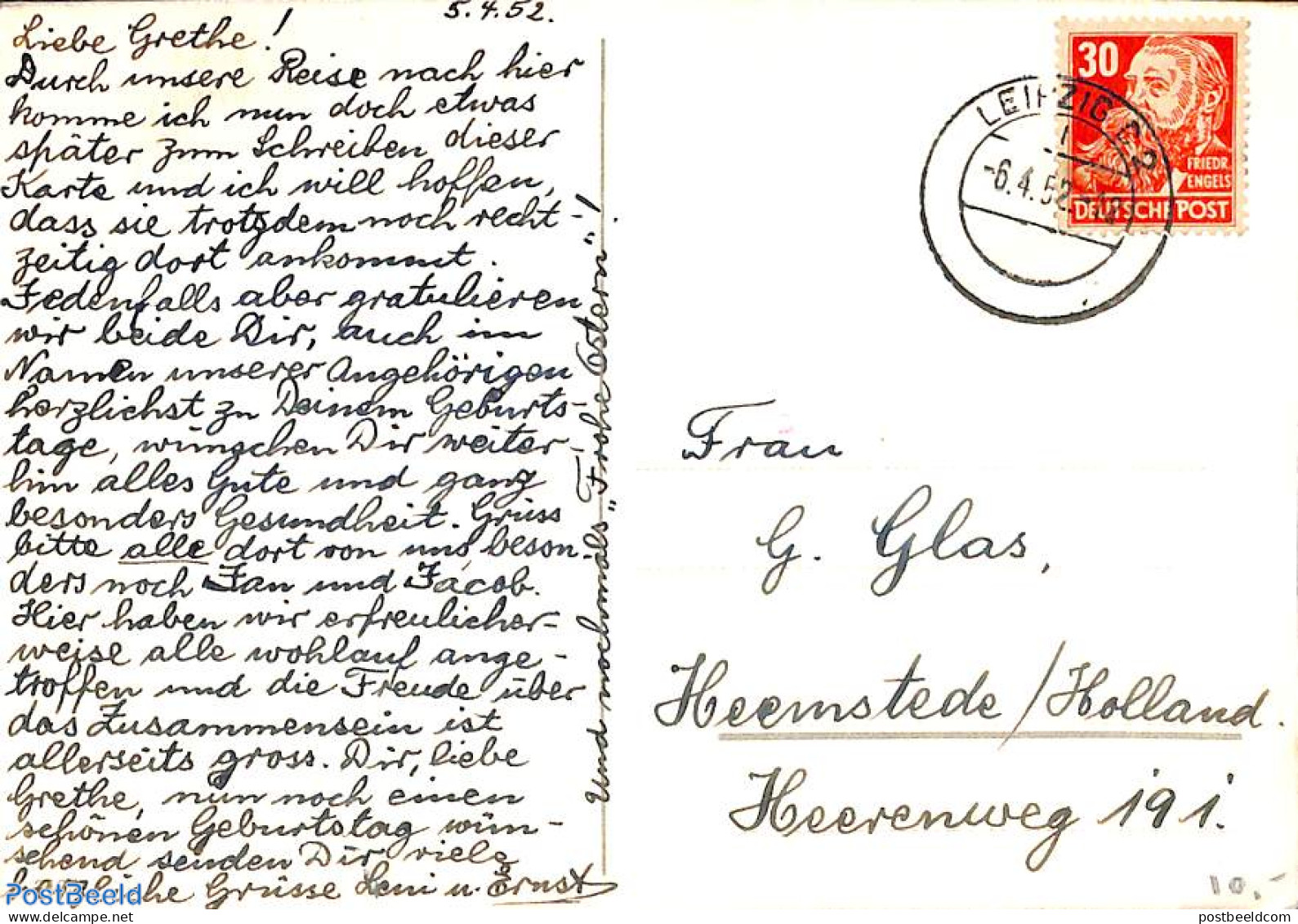 Germany, DDR 1952 Postcard To Holland With Friedr. Engels 30pf Stamp, Postal History - Briefe U. Dokumente